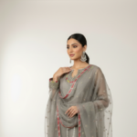 Elegant Steel Grey Embroidered Organza Suit with Scalloped Borders