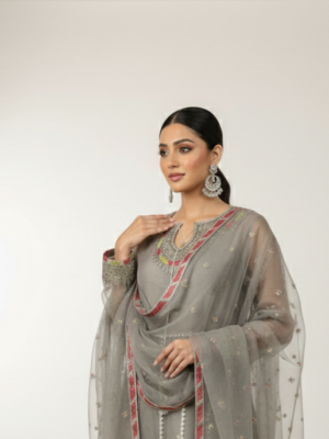 Elegant Steel Grey Embroidered Organza Suit with Scalloped Borders