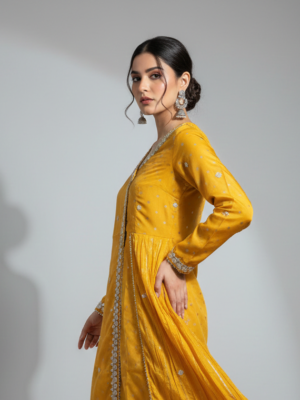 Vibrant Mustard Yellow Embroidered Angrakha with Tiered Sharara