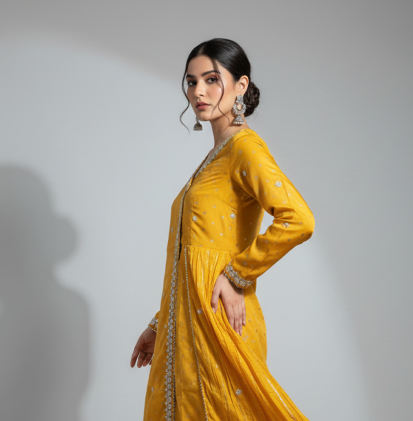 Vibrant Mustard Yellow Embroidered Angrakha with Tiered Sharara