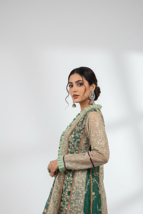 Radiant Mustard Yellow Angrakha with Tiered Sharara & Gota Accents