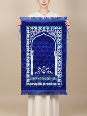 Royal Blue Velvet Prayer Mat with Arch & Floral Border Embroidery
