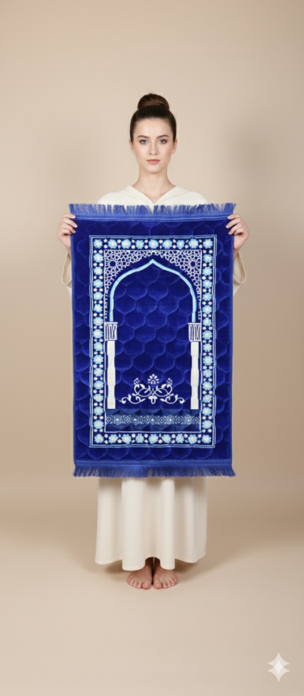 Royal Blue Velvet Prayer Mat with Arch & Floral Border Embroidery
