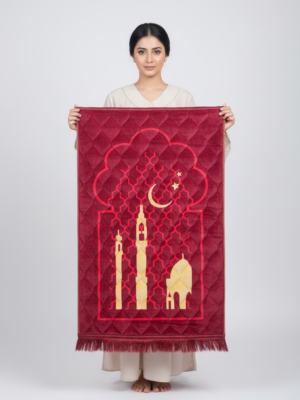 Majestic Maroon Quilted Prayer Mat with Mosque & Crescent Moon Silhouette
