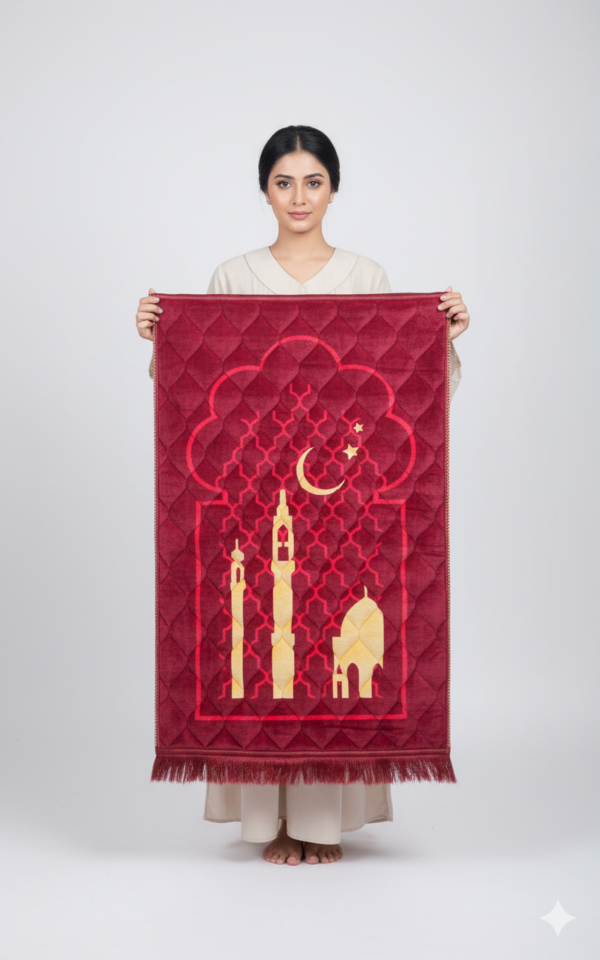 Majestic Maroon Quilted Prayer Mat with Mosque & Crescent Moon Silhouette