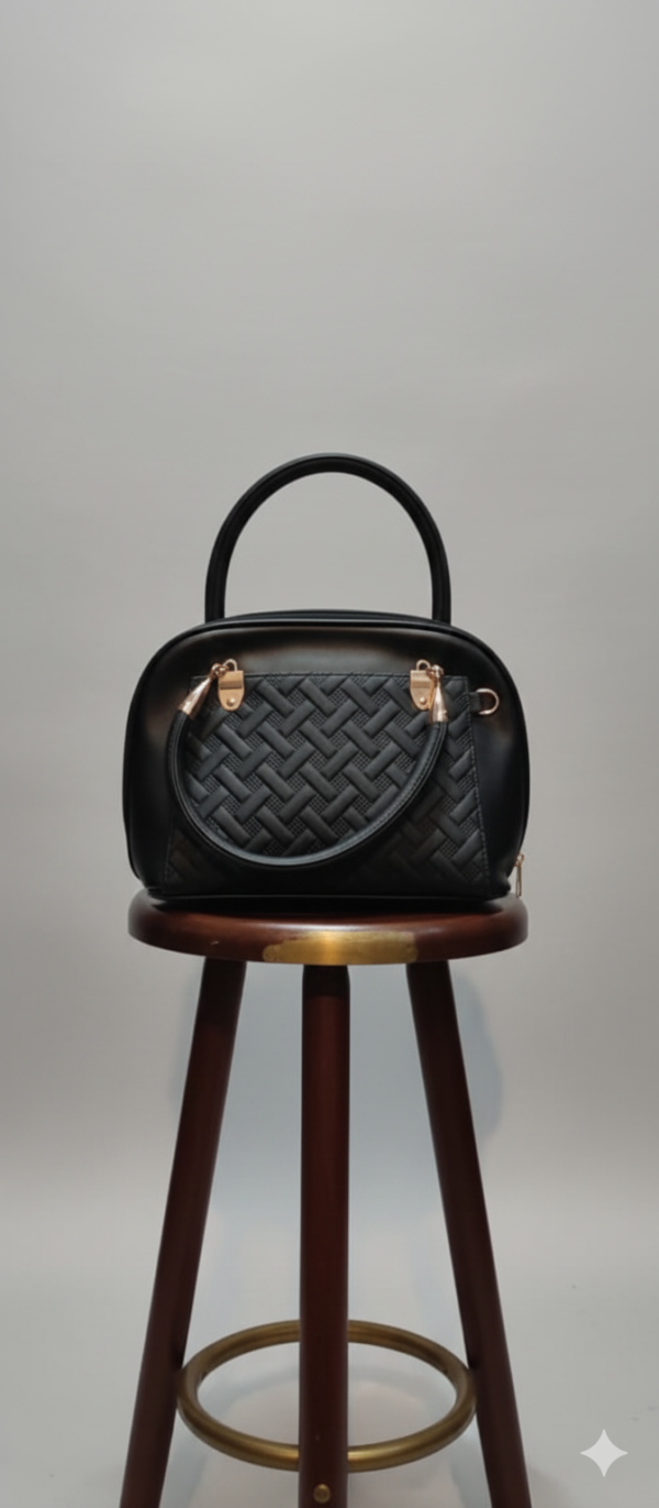 Midnight Noir Satchel – Structured Top-Handle Bag with Elegant Woven-Textured Panel