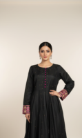 Midnight Black Cotton-Silk Anarkali with Magenta Embroidered Borders