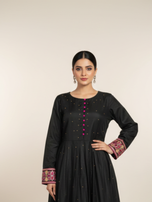 Midnight Black Cotton-Silk Anarkali with Magenta Embroidered Borders