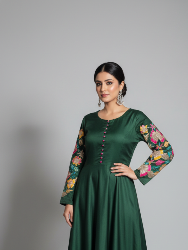 Ornate Green Multi-Panel Pishwas with Pleated Ruffles