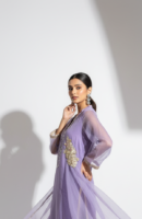 Lavender Mist Sheer Organza Kurta with Embellished Floral Motifs