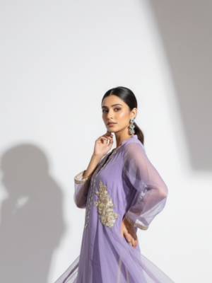 Lavender Mist Sheer Organza Kurta with Embellished Floral Motifs