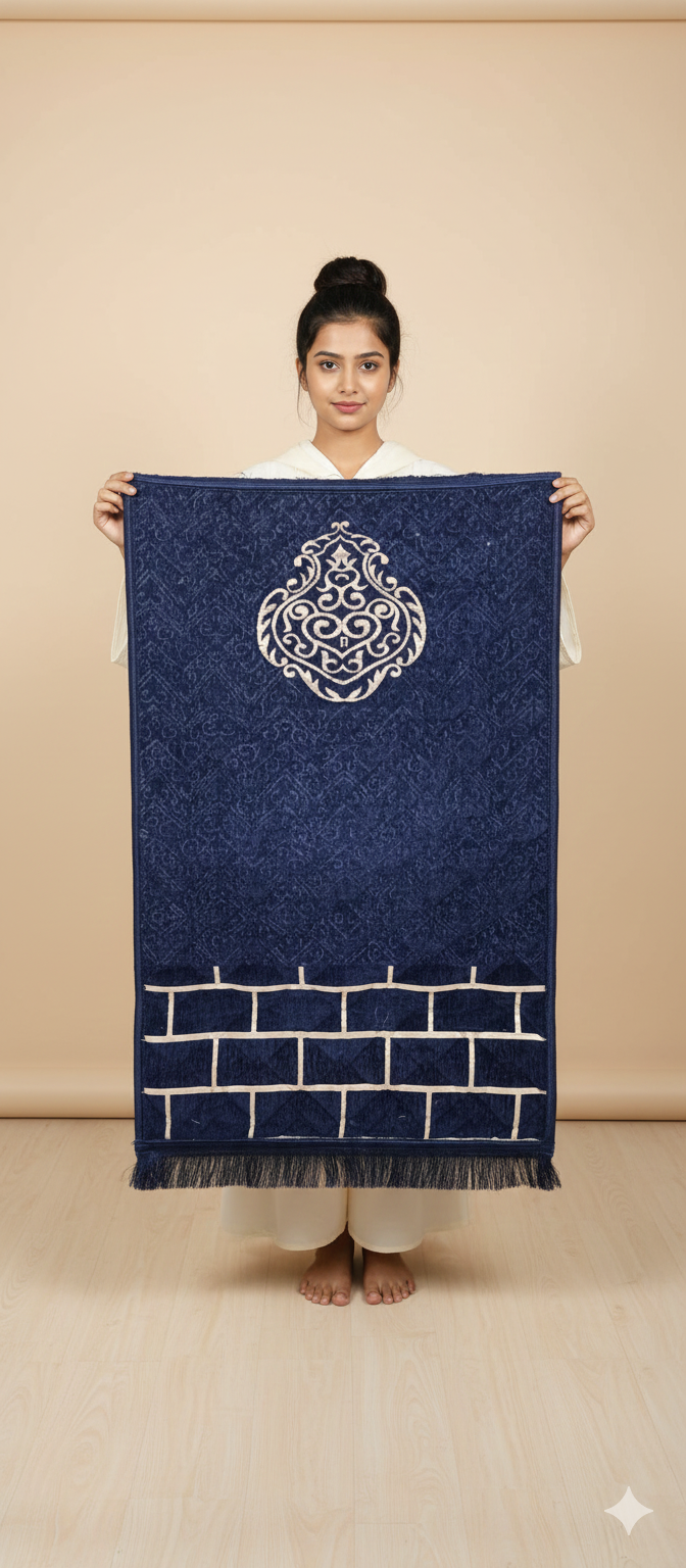Premium Quilted Navy Blue Prayer Mat with Elegant Islamic Medallion